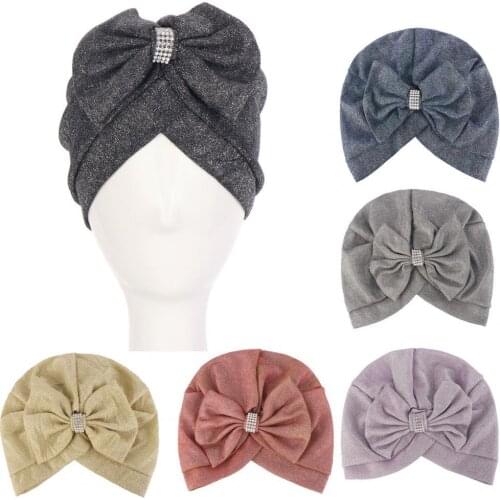 Turban Cap Bow-knot Shape Colorfast Polyester Stylish Beanie Cap for Home Muslim-Stretch Turban Cap Headband Turbante Female