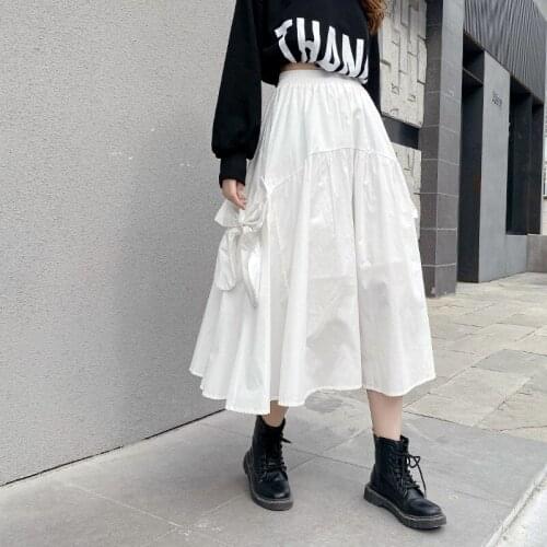 Harajuku Solid White/Black 2021 Korean Fashion Cute Bows Pleated Women Long Hepburn Style Goth Skirt