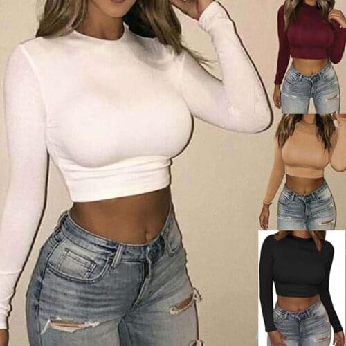Women Sexy Short T-Shirts Fashion Long Sleeve T-Shirt Autumn Female Basic Tees Silm Solid Color Crooped Tops Comfortable