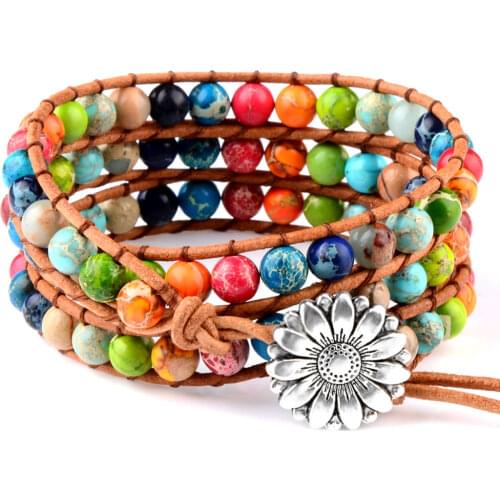 Vintage Bohemian Colorful Natural Stone Bracelets Long Adjustable Leather Wrap Beaded Bracelet For Women Fashion Jewelry Gift