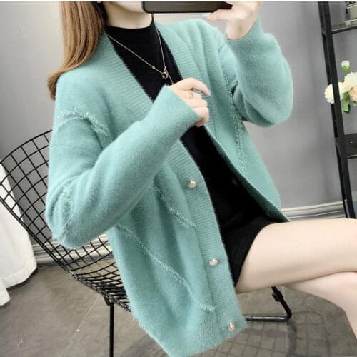 Women 2021 Spring Autumn New Mink Velvet Sweater Jackets Female Loose Knitted Jumpers Ladies Solid Color Cardigan Coats Y441
