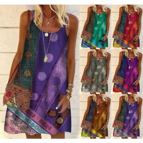 Womens dress 2021 summer new fashion womens retro printing loose casual sling plus size dress