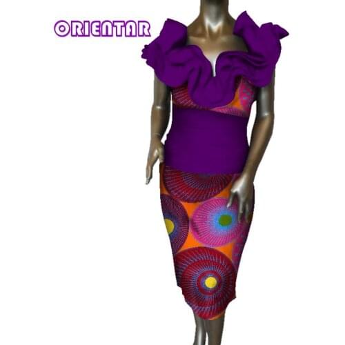 2020 African Dresses for Women Bazin Riche Africa Print Patchwork Cotton Party Midi Dress Lady Women African Clothes WY4783