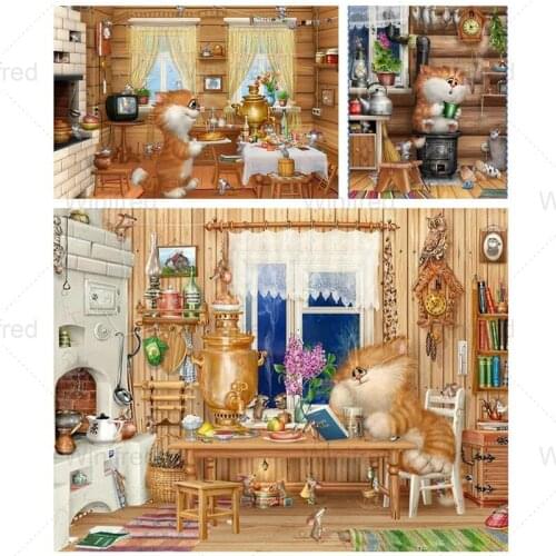 5D Diamond Embroidery Diamond Mosaic Cartoon Cat Life Kitchen Dining Room Picture Diamond Painting Home Decoration Gift Mural