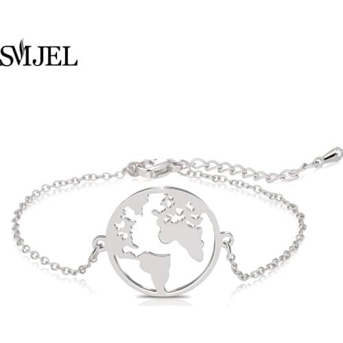 SMJEL Trendy World of Map Bracelets Sliver Wrap Hand Bracelet Stainless Steel Jewelry Traveler Gift Friendship bangle femme