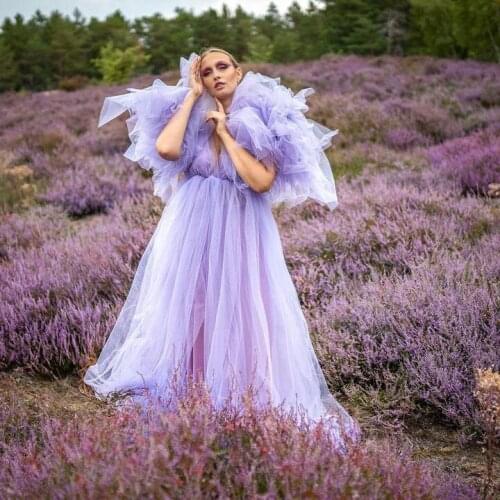 Violet Exquisite Classic Women Dress Deep V-Neck Tulle Ruffles Dresses Floor Length Custom Made Plus Size