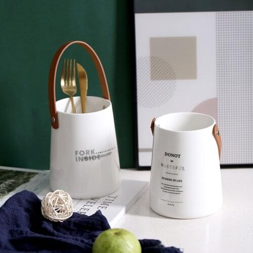 Ceramic Portable Kitchen Chopsticks Storage Box with Leather Handle Drain Rack Spoon Knife Fork Tableware Holder Cutlery Racks