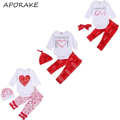 2020 Valentines Day Baby Girl Boy Clothes Set Mama Boy Girl White Long Sleeve Romper Top+Letters Printed Pattern Pants+Cap 3pcs