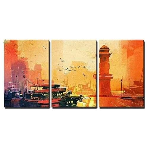 Lighthouse And Fishing Boat At Sunset Oil On Canvas Wall Decoration For Home Office