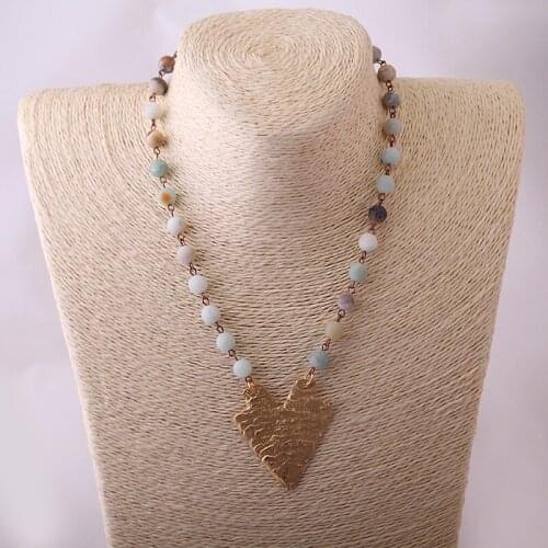 Fashion Bohemian Tribal Artisan Jewelry Rosary Chain Frost Amazonite Stones Short Matt Gold Arrow Pendant Chokers Necklace