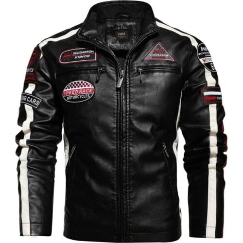 Fad Autumn Motorcycle Leather Jacket Men Hit Color Plus Velvet Pu Mens Leather Jacket Casual Embroidered Leather Jacket Men