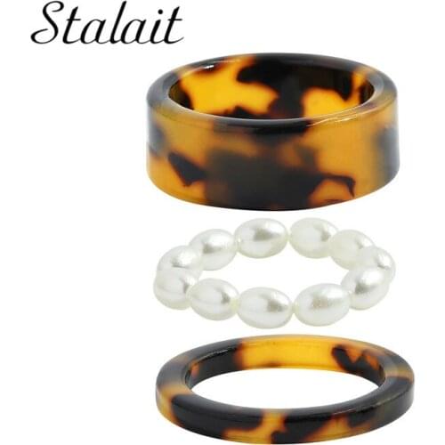 Ins Leopard Marble Rings Set Fashion Creative Geometric Jewelry Sweet Acrylic Pearl Ring Set Luxuri Design Fashion Ring