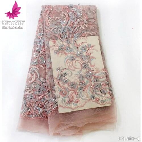 New Arrivals African Handmade Beaded Lace Fabric Tulle for Nigeria French Net with Pearls HY1551-4