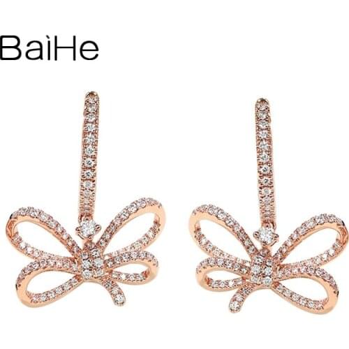 BAIHE Genuine Solid 14K White/Yellow/Rose Gold H/SI Natural Diamonds Stud Earrings Bowknot Women Fine Jewelry Cерьги Wedding