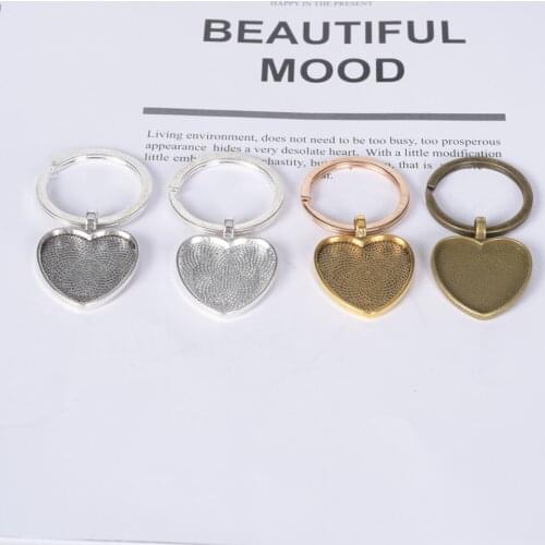 5Pcs/Lot 25mm Heart Pendant Base For Jewelry Key Chian Making Blank Glass Cabochon Base With Key Rings DIY Keychain Findings