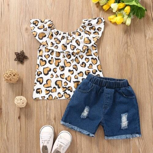 2-7 Years Kids Girls Clothes Summer Casual Two-piece Leopard Off Shoulder Ruffle Sleeve Tops + Blue Denim Ripped Shorts