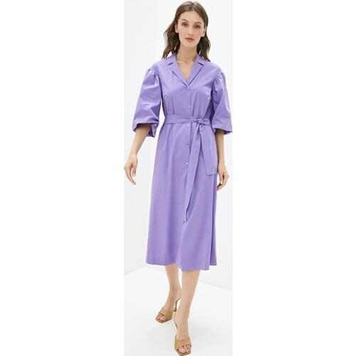 Shyloli Women Casual A-line Sashes Party Dress Turn-down Collar Puff Half Sleeve Mid Dress Purple 2021 Autumn New Fashion Dress