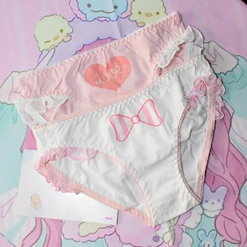 Pink Cotton Panties Female Underpants Kawaii Underwear Lolita Soft Lingerie Lace Up Briefs Strawberry Hearted Printed Panty