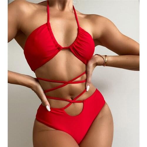 Sexy Red String Halter Bikinis Set High Waist Swimwear Women Swimsuits Cross Bandage Bathing Suit Biquinis Bikini 2021 Mujer