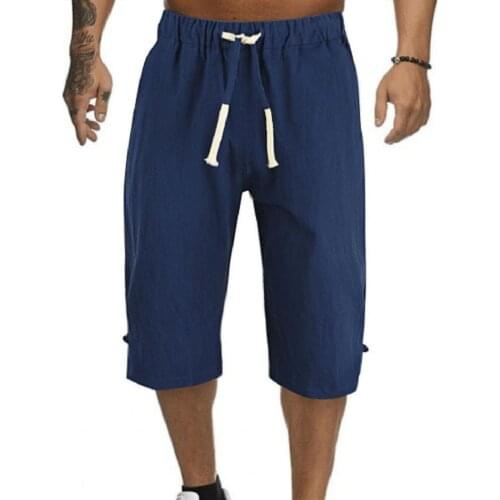 New Summer Men Shorts Solid Color Stylish Breathable Linen Blend Plus Size High Waist Drawstring Shorts Sports