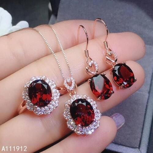 KJJEAXCMY fine jewelry natural garnet 925 sterling silver women gemstone pendant necklace ring earrings set support test classic