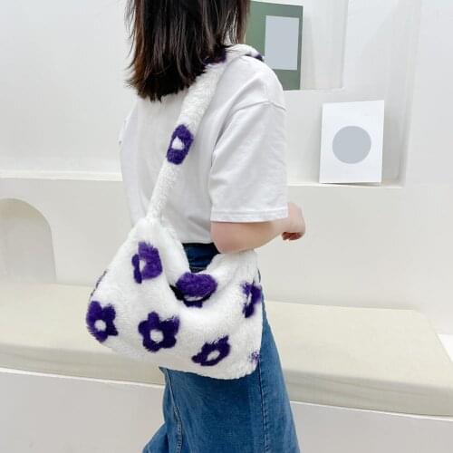 Women Fashion Plush Large Capacity Tote Shopping Shoulder Underarm Bag Ladies Vintage Retro Floral Printing Womens Bag