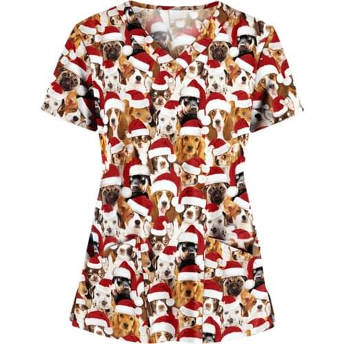 Women Pet Dog Print Working Uniform Tshirt Short Sleeve V-neck T Shirt Tops Christmas Thanksgiving T-shirt Remeras Mujer#P2