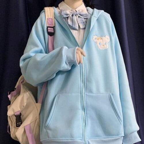 Women Hooded Jacket Cute Plush Rabbit Ears Oversized Loose Sweatshirt Coat Bear Embroidery Zip Up Outwear with Pockets