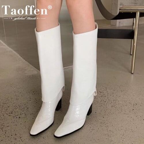 Taoffen 2022 Women Real Leather Knee High Boots Thick High Heels Fashion Winter Long Boot Cool Ins Female Footwear Size 35-39