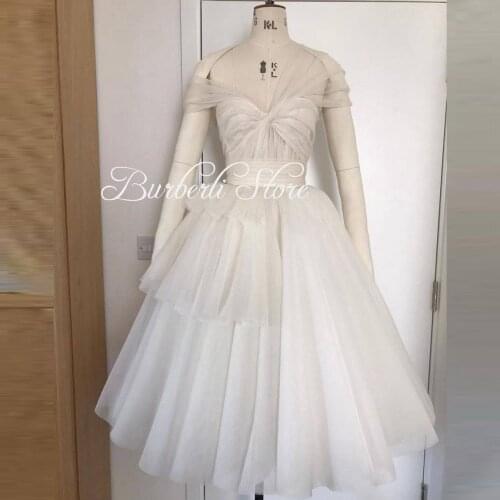 Real Image Off The Shoulder White Tulle Girls Dress To Graduation Party Knee Length Tiered Ruffles Women Prom Gowns Summer
