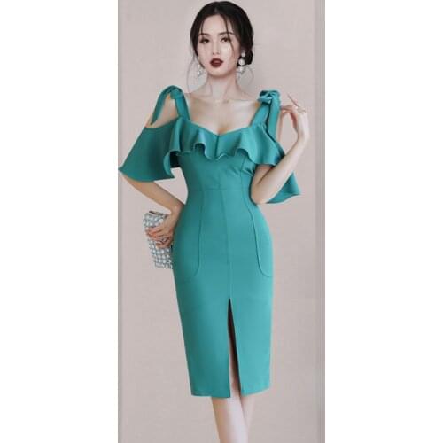 2021 Summer Robe Sexy Off Shoulder Ins Elegant Ruffles Backless Sling Female Vestidos Split Dress