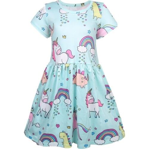 2021 Pure Cotton Full Print Girls Unicorn Dress Summer Home Wear Dress For Girl 2-9 Years Cozy Kids Clothes Children Present