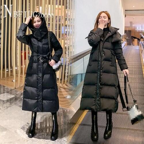 2021 Winter Jacket Fashion Long Slim Solid Color Parkas Waist Strap Female Warm Coats
