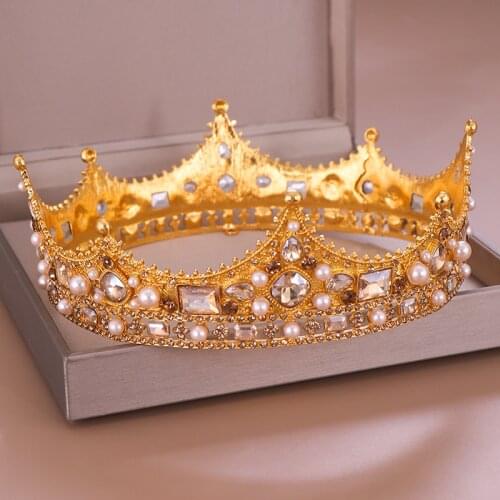 Fashion Gold Silver Color Round Tiaras Crowns Pearl Rhinestone Diadem Elegant Queen King Wedding Hair Accessories Bridal Jewelry