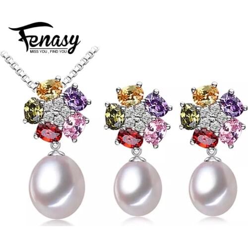 FENASY 925 Sterling Silver Jewelry Sets Natural Pearl Drop Earrings Bohemian Party Flower Pendant Necklaces For Women