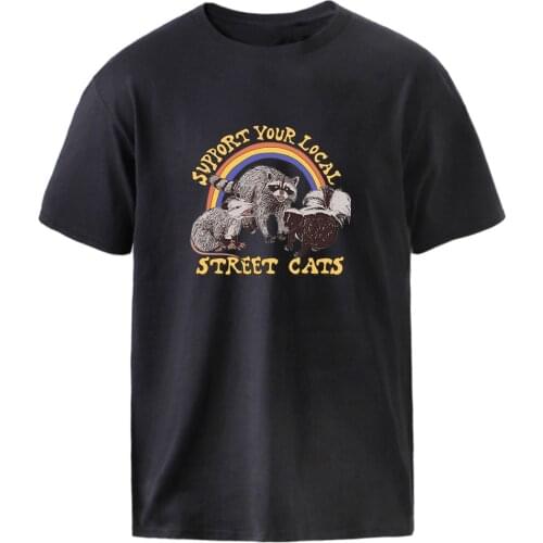 Plus T shirts Man Support Your Local Street Cats Print Vintage Black Tees Summer Short Sleeve Tops Male Harajuku Black Tshirts