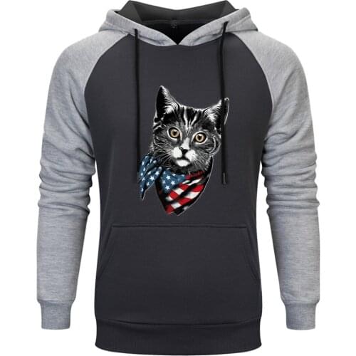 Tie Cat Print Mens Raglan Hooded Fashion Casual Sweatshirts and Hoodie Standard Leisure Pullovers Tops Autumn Hip Hop Clothing