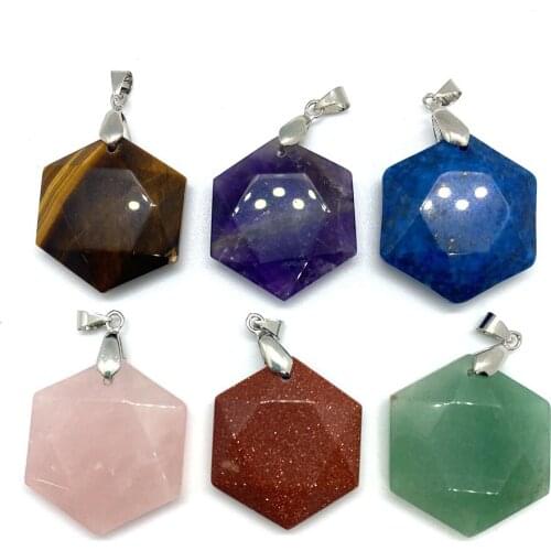 Exquisite Natural Stone Rose Quartz Amethyst Lapis Lazuli Hexagonal Faceted Charm Pendant Making DIY Jewelry Necklace Bracelet
