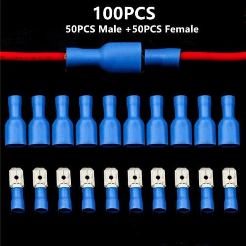 100PCS Blue 16-14 AWG Insulated Spade Crimp Terminals Electrical Wire Cable Connectors Male Female Kit