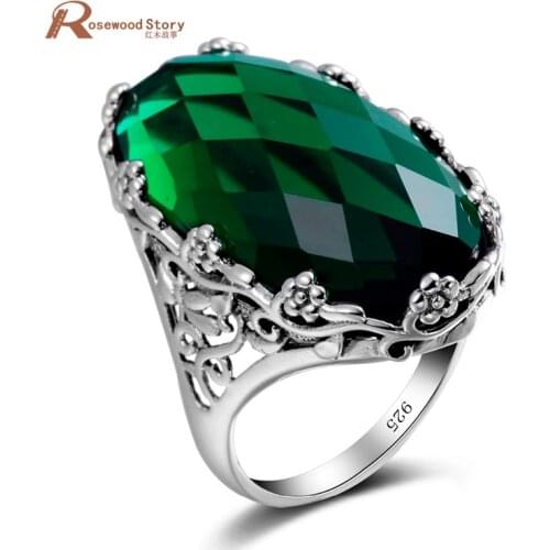 Russian Green Stone Crystal Ring Big Stone Flower Pattern Pure 925 Solid Sterling Silver Ring For Woman Classic Vintage Jewelry