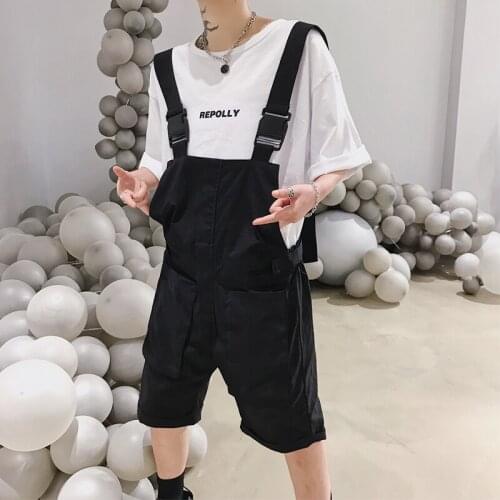 Mens Summer Knee Length Black Overalls Casual Shorts Loose Solid Color Chic B7
