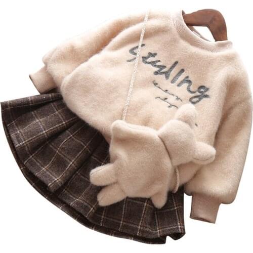 Baby set baby girl autumn and winter plus fluff letter pullover sweater plaid skirt suit thick warm sweater suit for girls