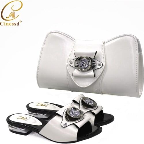 White Fashionable African Slippers and Bag Set High Heels African Shoes with Matching Bags for Wedding Party