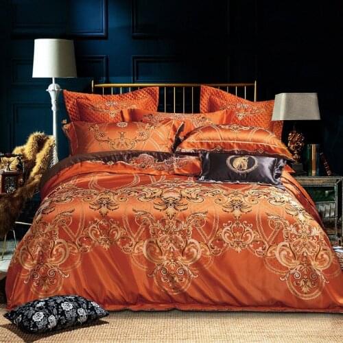European Style Luxury Bedding Set Jacquard Long Stapled Cotton Embroidery Orange Duvet Cover Sheet Pillowcase King Queen 4/6 PCS