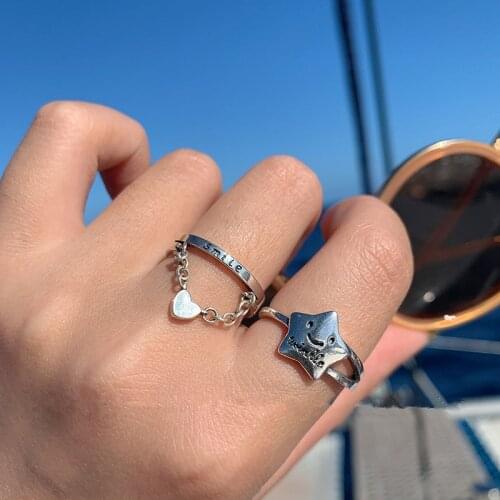 Korean Fashion Cute Pentagram Smiling Face Love Heart Tassel Chain Rings For Women Jewelry Vintage Personality Geometric Ring