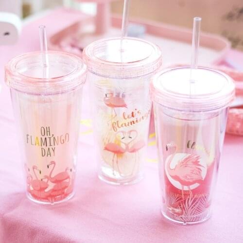 Creative Flamingo Plastic Cups With Straw Drinkware Cartoon Drinking Container Double Wall Coffee Tea Milk Juice Water Cup Mugs