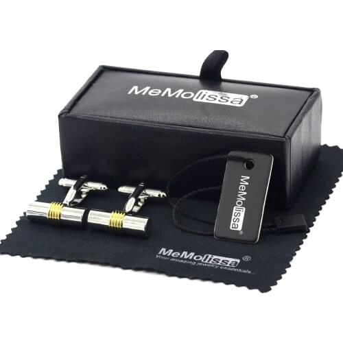 MeMolissa Display Box Cufflinks Luxury Cylinder Cufflinks Silver with 5 Gold Stripe Design Mens Cufflinks Free Tag & Wipe Cloth