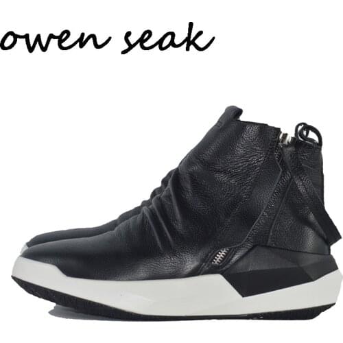 Owen Seak Men Shoes High-TOP Ankle Boots Luxury Trainers Genuine Leather Sneaker Winter Boots Casual Brand Zip Flat Black Shoes