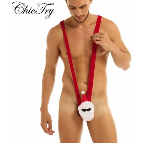 Mens Christmas Mankini Costume Fancy Santa Clause Soft Velvet Christmas Mankini Costume Sleeveless Deep V-shaped Bodysuit Romper