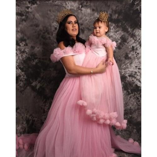 New Pink Baby Girls First Birthday Dress Sheer Neck Kids Clothes Mother Daughter Matching Clothes Photography